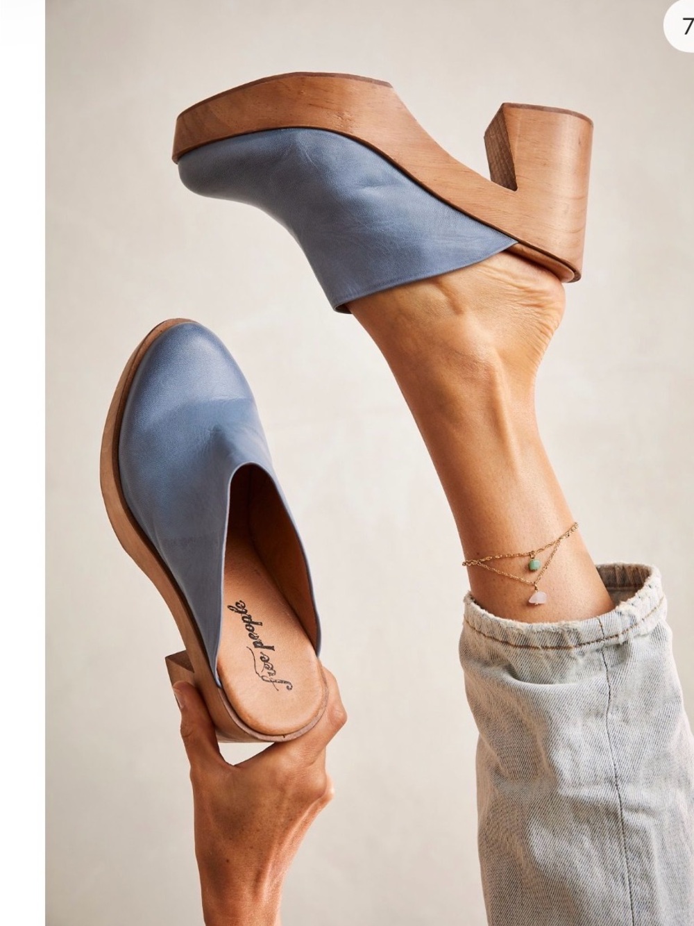 Free People Slate Blue Leather Slip-On Clogs with Sculpted Wood Heel